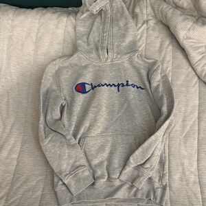 Champion Light Heather Gray Hoodie with Blue & Red Script Logo